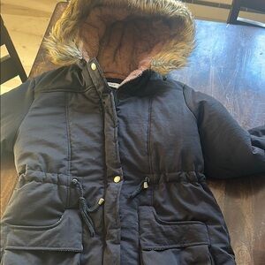 Womens Black Winter Coat with Faux Fur Hood